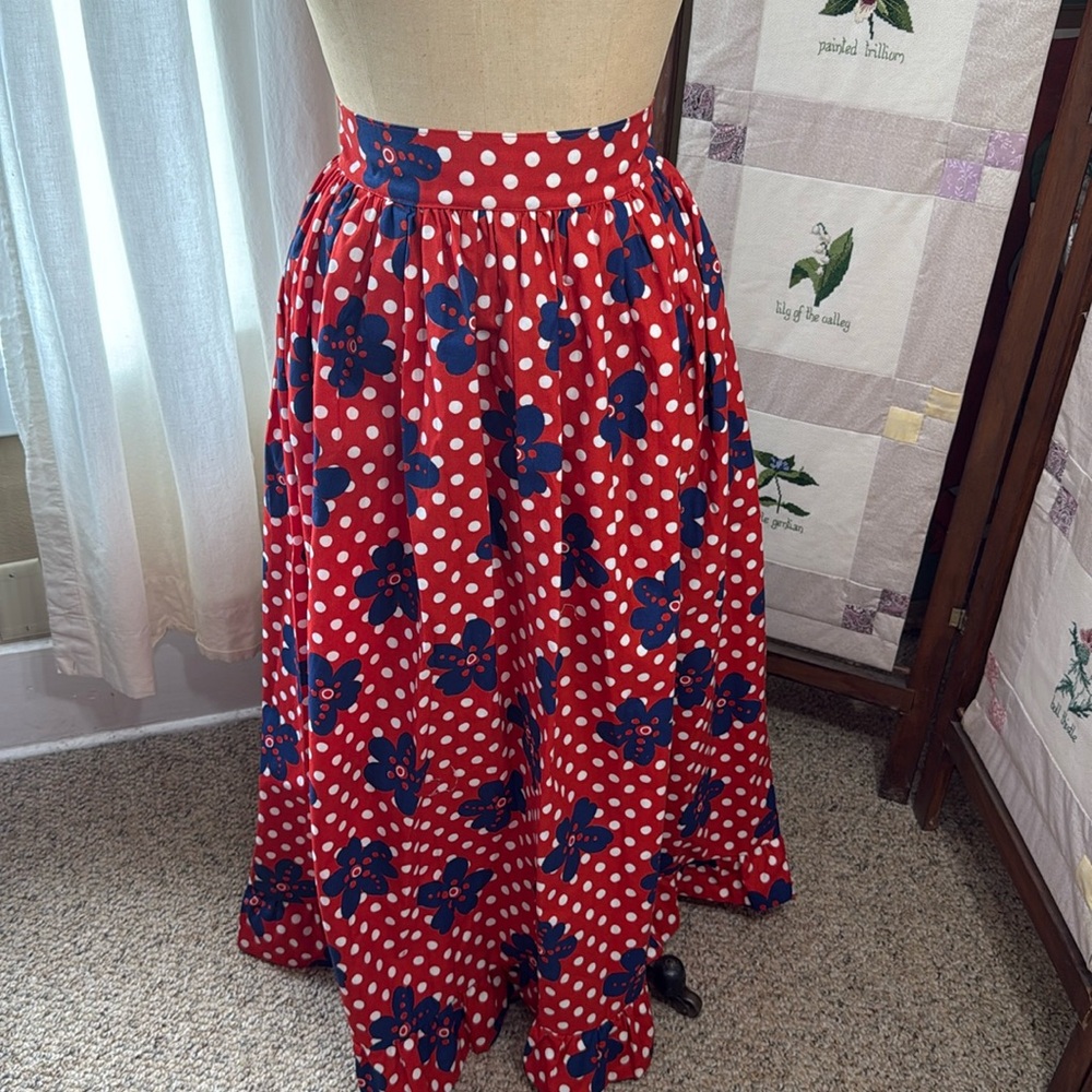 1970s Red Polka Dot & Floral Maxi Skirt – Klopman Mills Fabric – Small